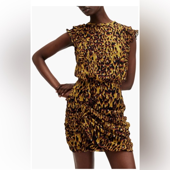 All Saints Hali Pleated Leopard Notes Yellow Multi Mini Dress Size 8 NWT - Picture 3 of 16